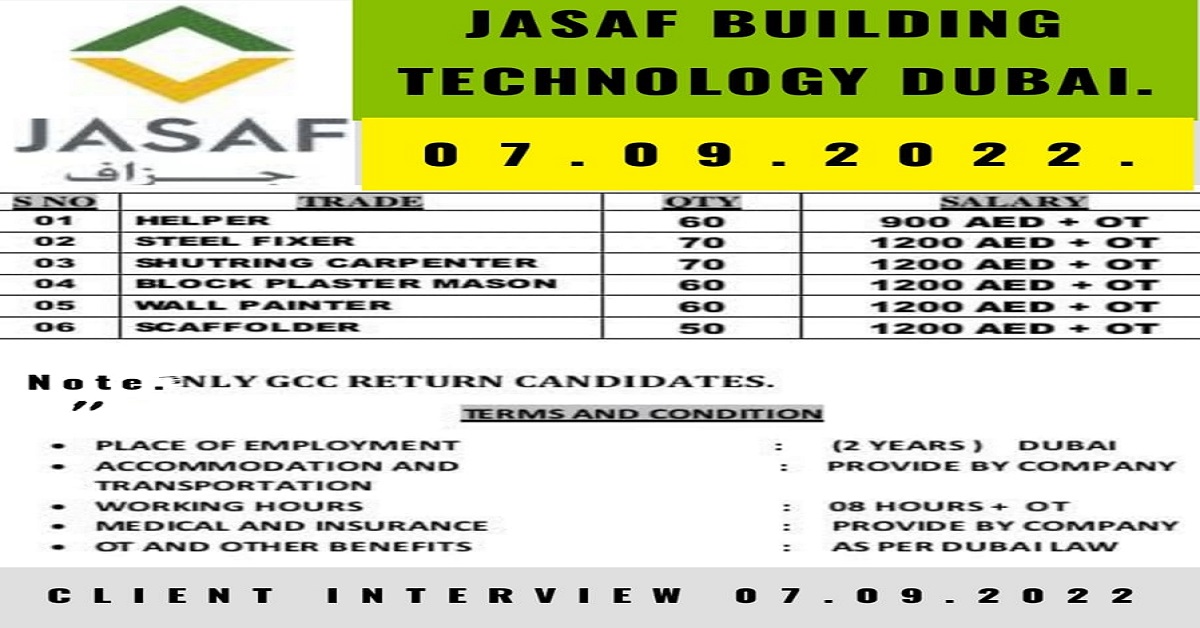 Urgent Requirement for Jasaf Building Technology | Jasaf  building 2022